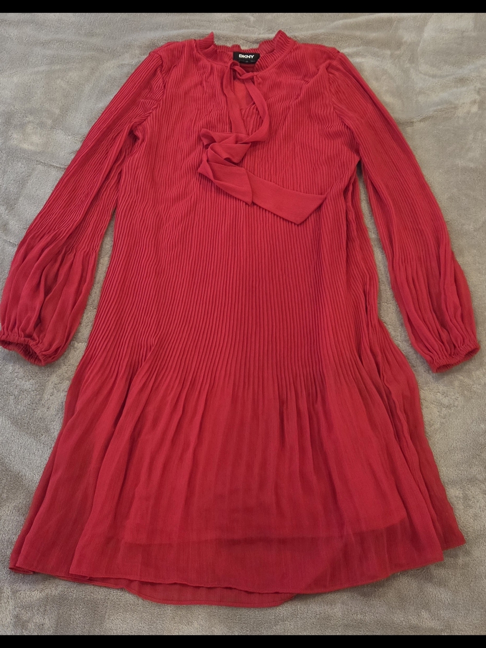 DKNY Red Pleated Tie-Neck Blouse